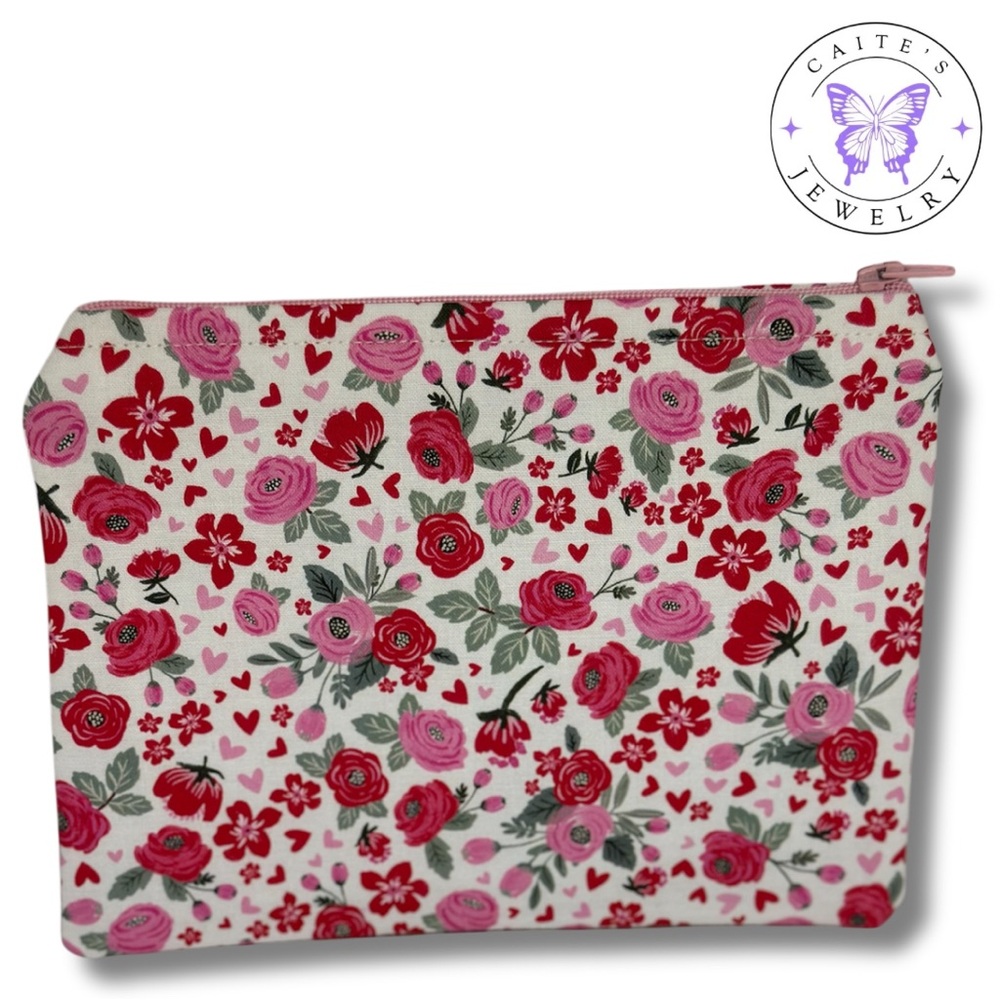 Handmade Zipper Pouch with a Flowers and Hearts Fabric